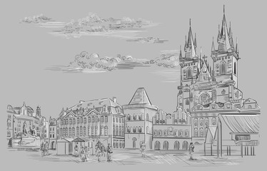 Fototapeta premium Grey vector hand drawing Prague 10