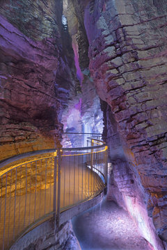 RIVA DEL GARDA, ITALY - JUNE 7, 2019: The waterfall in cave Cascata Varone near the Riva del Garda and Lago di Garda lake.