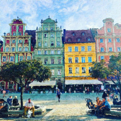 Obraz premium Oil painting view of Wroclaw city in Poland. Travel in europe scene. Old architecture and town elements. Large print for design paper or canvas. Wall art contemporary impressionism decoration.