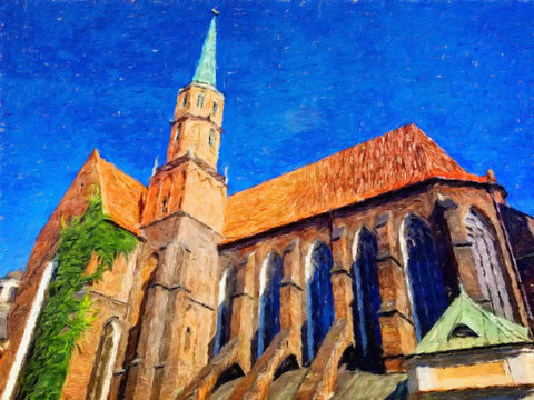 Oil painting view of Wroclaw city in Poland. Travel in europe scene. Old architecture and town elements. Large print for design paper or canvas. Wall art contemporary impressionism decoration.