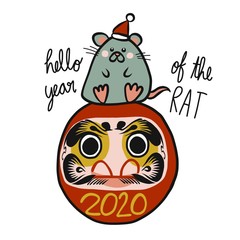 Hello year of the rat, Daruma doll (Japanese lucky charm) and rat friend cartoon vector illustration