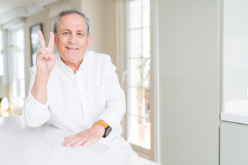 Fototapeta premium Handsome senior man at home smiling with happy face winking at the camera doing victory sign. Number two.