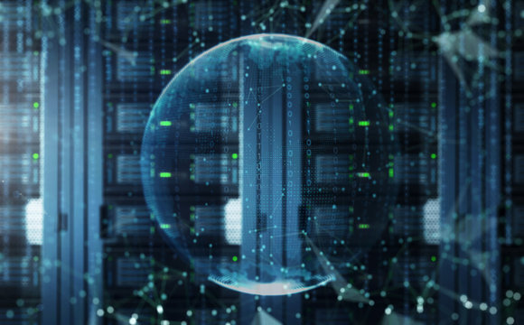 Abstract blur virtual world with server room and sharp binary code ,big data storage network and cloud computing technology concept . - Powered by Adobe