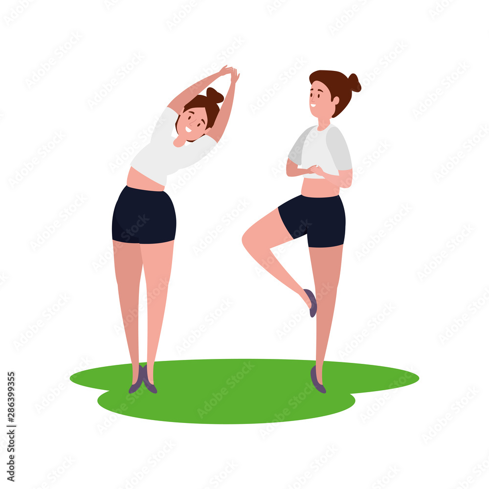 Sticker beauty girls couple practicing pilates in grass