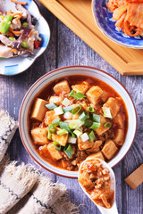 A bowl of rice with mapo doufu on a table                                                    