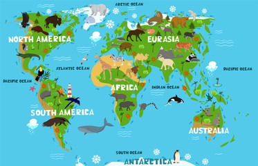 Children s world map with the names of continents and oceans. Animals on the mainland. Vector graphics.