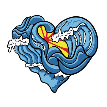 Ocean love. Sea wave with red moon vector illustration