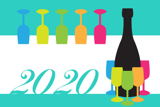 Multicolored illustration with bottle and glasses to celebrate the new year