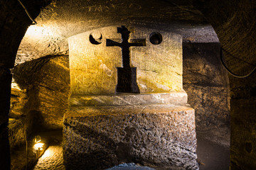 Jajce, Bosnia and Herzegovina - July 16, 2019. Old underground catacombs
