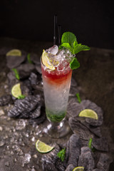 Cool alcoholic or non-alcoholic drink based on martini, champagne, whiskey, gin, tonic, citrus, syrup, liqueur. Cocktail card