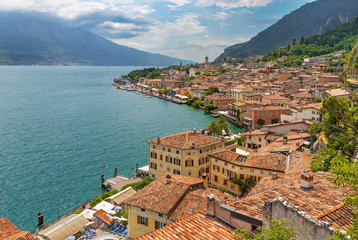 Naklejka na ściany i meble Limone sul Garda - The little town under the alps rocks on the Lago di Garda lake.