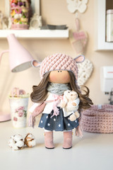 Fototapeta na wymiar Handmade interior dolls. Beautiful, pretty gift for a girl or woman