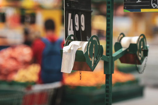 Biodegradable Plastic Food Bags In The Fruits And Vegetables Aisle In A Big Hypermarket In Romania