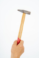 man hand holding hammer.