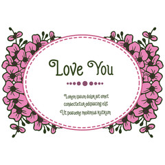 Decoration greeting card love you, with cute wreath frame, style romantic. Vector