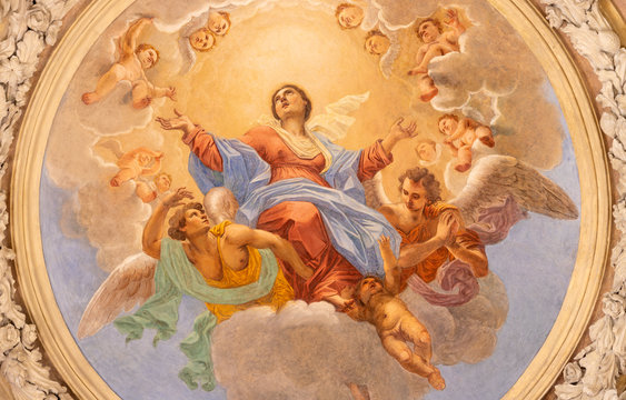 RIVA DEL GARDA, ITALY - JUNE 13, 2019: The ceiling fresco of Assumption of Virgin Mary in church Chiesa di Santa Maria Assunta (Cappella del Suffragio) by Giuseppe Craffonara (19 cent.).