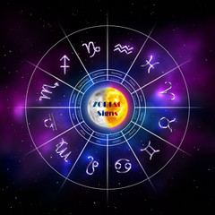 Horoscope circle with twelve zodiac signs. Silver metal zodiac symbols on blurred cosmic background. Horoscope calendar with star signs. Fortune telling and astrology predictions vector illustration.