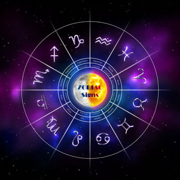 Horoscope circle with twelve zodiac signs. Silver metal zodiac symbols on blurred cosmic background. Horoscope calendar with star signs. Fortune telling and astrology predictions vector illustration.