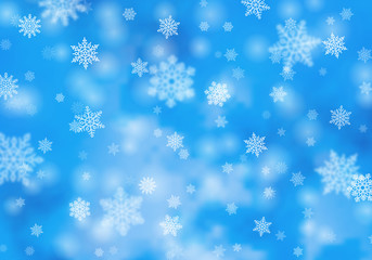 Magic winter background with white snowflakes on light blue blurred backdrop. Template for Happy New Year and Merry Xmas greeting card designs. Realistic snowfall vector illustration.