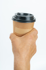 .man holding cardboard glass