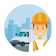 industrial worker with delivery van vehicle on the city
