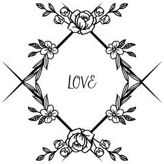 Love text lettering, with style unique frame and elegant leaf flower. Vector