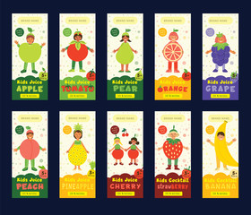 Fototapeta na wymiar Kids fruit juice packaging vector templates set