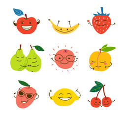 Happy juicy fruits hand drawn illustrations set