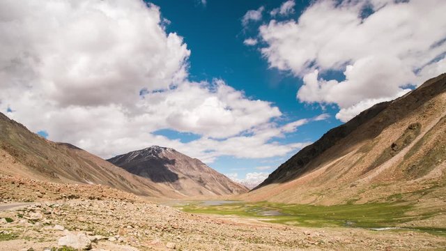 Valley to high altitude Changla Pass with lake on the way to Pnagong lake, Ladakh, India