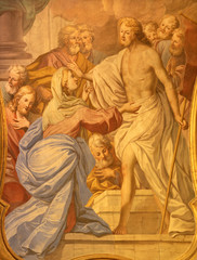 Obraz premium ACIREALE, ITALY - APRIL 10, 2018: The fresco apparition of resurrected Jesus to his mother and apostles in Basilica Collegiata di San Sebastiano by Pietro Paolo Vasta (1730).