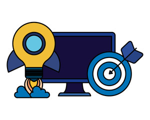 desktop with rocket bulb and target arrow
