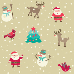 Christmas pattern. Vector seamless background with Santa and Christmas  decorations at retro style.