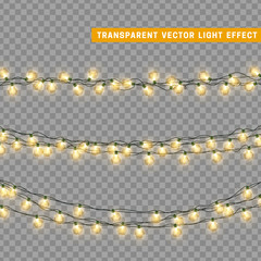 Christmas lights in yellow color. Decorations design element Christmas glowing lights. Decorative Xmas realistic objects. Holiday decor set of garlands. vector illustration