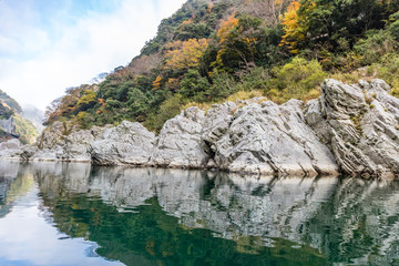 Pale gray rocks and green, yellow and orange trees are reflected in the deep green of the Yoshino river in Japan