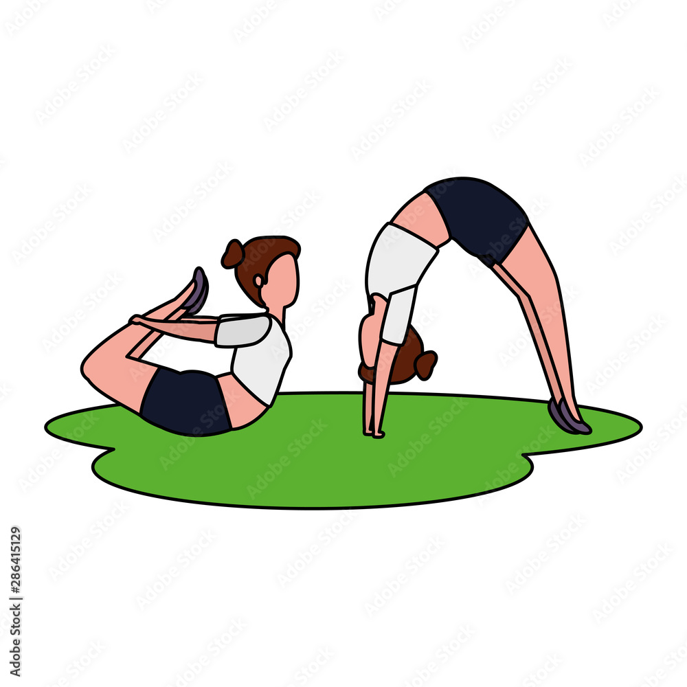 Sticker beauty girls couple practicing pilates in grass