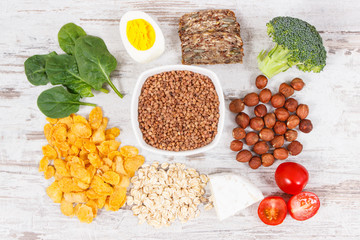 Healthy ingredients as source minerals, vitamin B2 and dietary fiber, nutritious eating concept