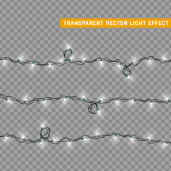 Christmas lights in white color. Decorations design element Christmas glowing lights. Decorative Xmas realistic objects. Holiday decor set of garlands. vector illustration