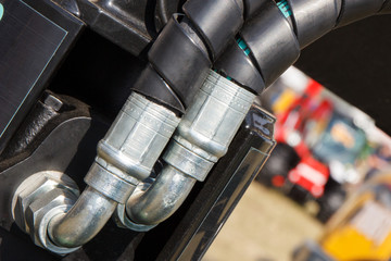 Detail of pneumatic or hydraulic machinery made of steel, technology and engineering concept