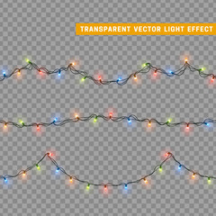 Christmas lights in multi-colored color. Decorations design element Christmas glowing lights. Decorative Xmas realistic objects. Holiday decor set of garlands. vector illustration