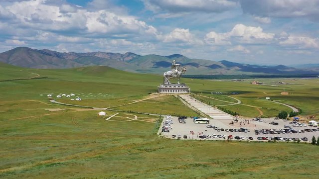 Aerial around view of huge equestrian statue of Genghis Khan in the steppe, Mongolia, Ulaanbaatar, 4k