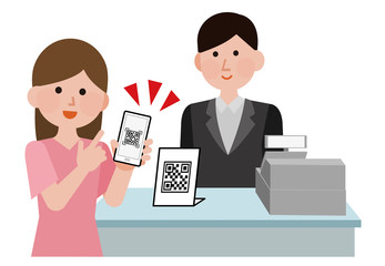 QR決済　電子マネーで支払う女性　イラスト