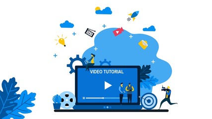 Website or landing page of Video tutorial,flat style with Tiny People Character Concept Vector Illustration, Suitable For Wallpaper, Background, Card, banner,Book Illustration, Web Landing Page