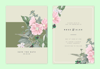 Botanical wedding invitation card template design, pink Alcea or hollyhocks flowers and leaves on light brown, natural organic theme