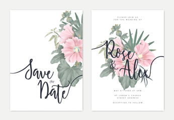 Botanical wedding invitation card template design, pink Alcea or hollyhocks flowers and leaves on white