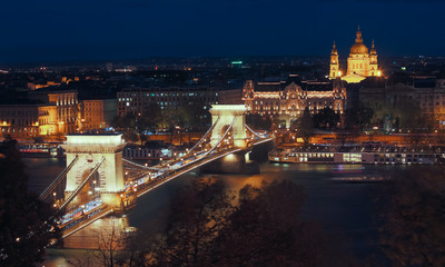 Night view on Patliament and Chain Bridge in hungarian city Budapest