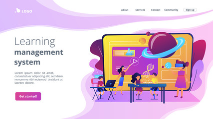 Futuristic classroom, little children study with high tech equipment. Smart spaces at school, AI in education, learning management system concept. Website homepage landing web page template.