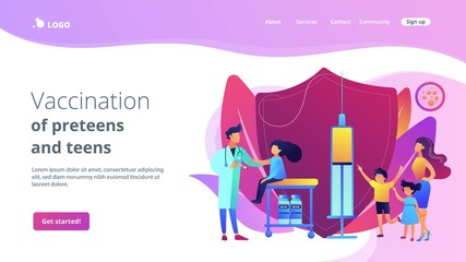Pediatrician giving girl injection. Vaccination of preteens and teens, older children immunization, prevent your kids from diseases concept. Website homepage landing web page template.