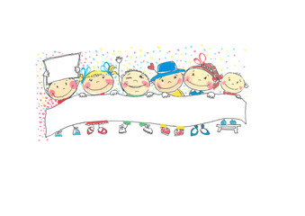 Holiday card with children. Beautiful bright pattern. Color graphic image.