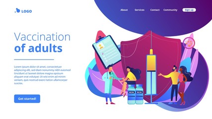 Woman getting flu shot. Contagious disease prevention. Vaccination of adults, adult immunization schedule, vaccine preventable diseases concept. Website homepage landing web page template.