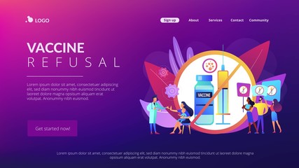 Anti-vaccination protest, people rejecting preventive medicine. Vaccine refusal, mandatory immunization, vaccination hesitancy concept. Website homepage landing web page template.